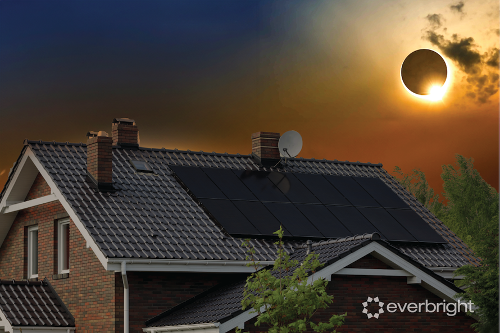 Image of solar eclipse over home with solar panels