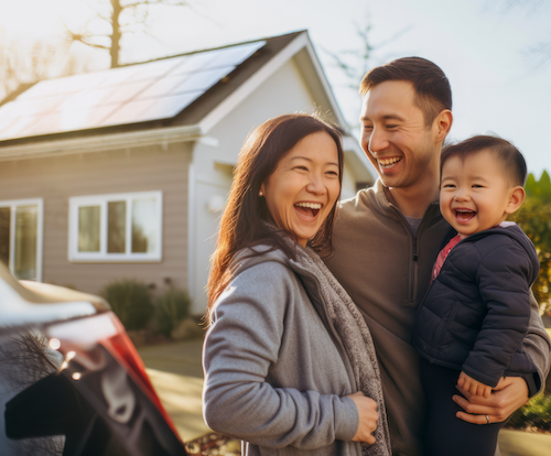 Happy family in front of solar home