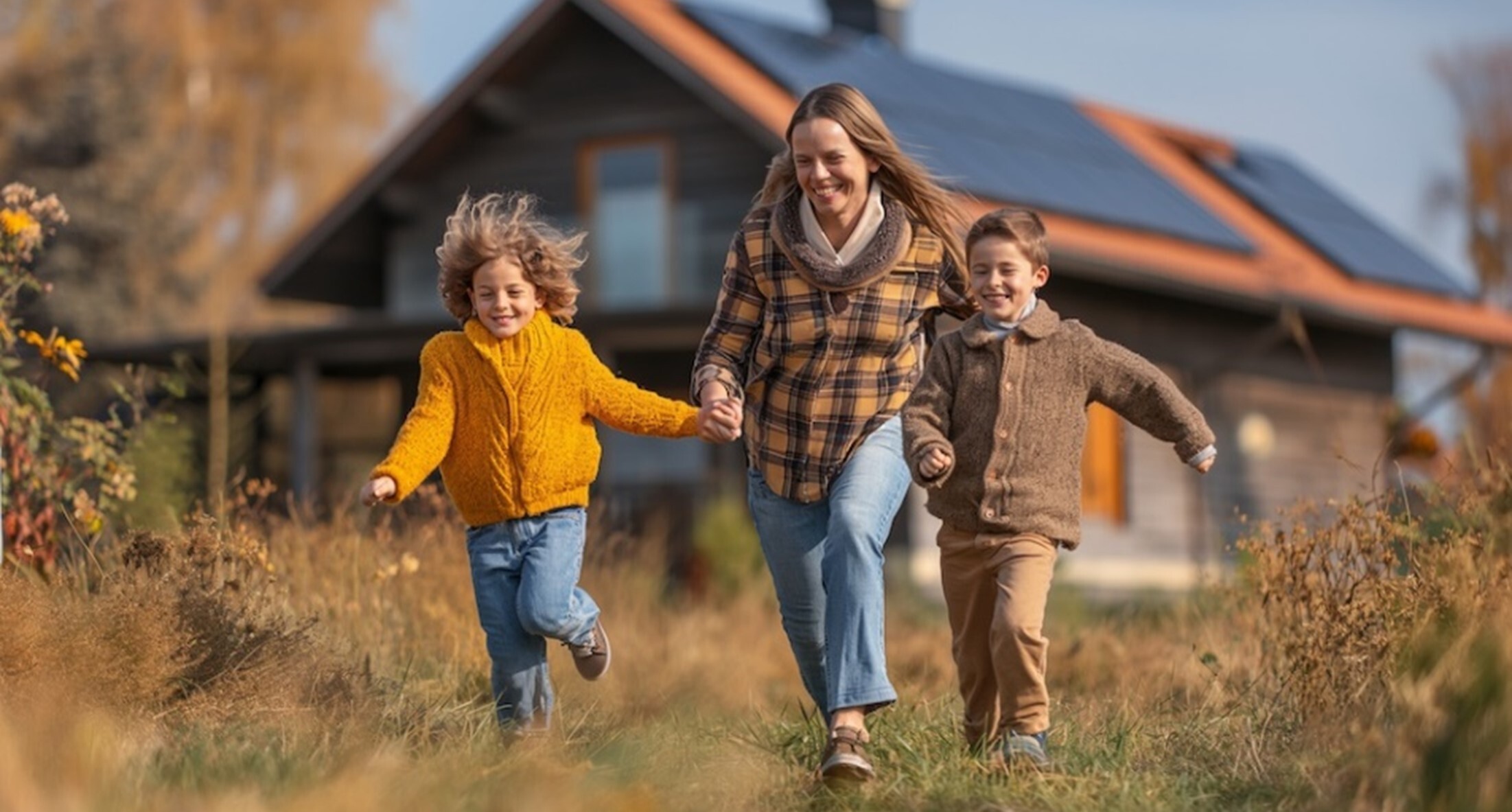woman and two children running outside a solar home